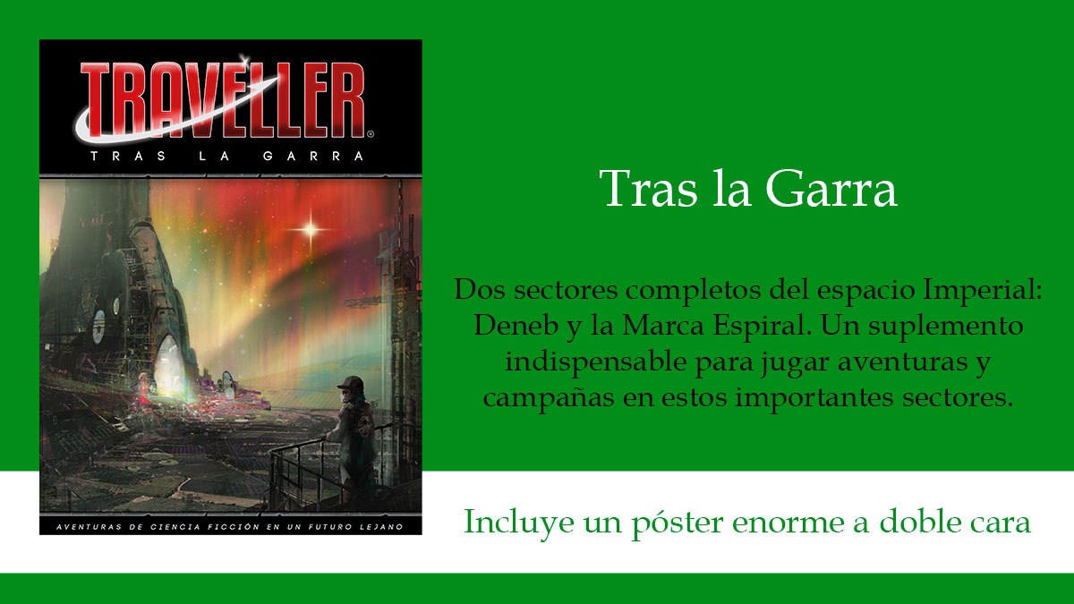 Cartel con la Portada del suplemento Tras la Garra que muestra una imagen de un viajero observando una enorme ciudad alienígena de ciencia ficción desde un balcón.